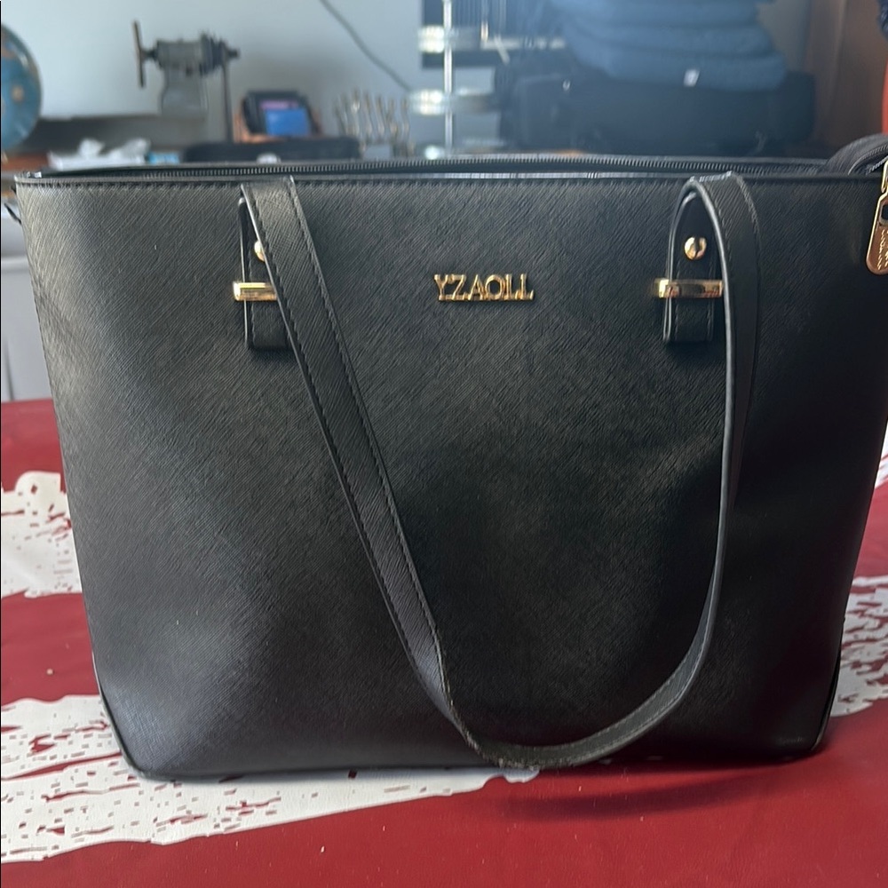 Black DKNY Leather Tote with Gold Hardware